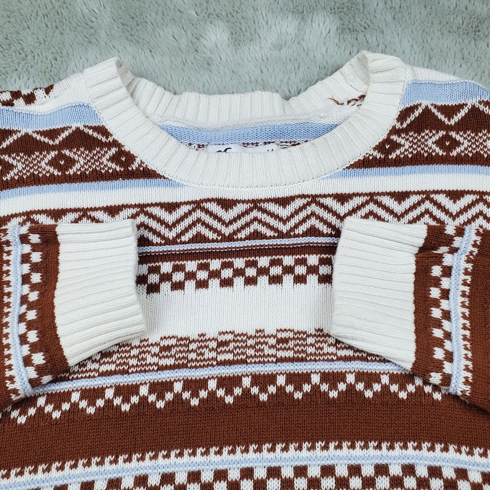Hollister Fair Isle Sweater Mens Sz M Cotton Knit Geometric Pullover Brown White